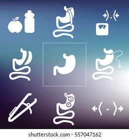 vector illustration / bariatric surgery icons set including gastric bypass baloon band sleeve gastrectomy on the hi-tech blurred background