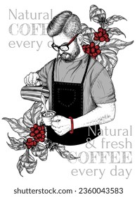 Vector illustration of a barista brewing coffee on a coffee tree background in engraving style