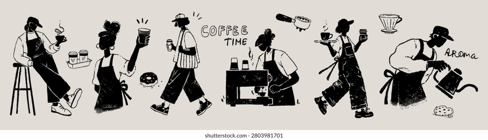 Vector illustration of barista characters and cafe worker clipart set. Linocut style coffee shop bundle with espresso machine, people silhouette collection, and handwritten lettering.