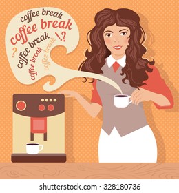 Vector illustration of Barista. Join us. Invitation to work. Retro poster. Cartoon character. Girl makes coffee. Coffee break