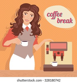 Vector illustration of Barista. Join us. Invitation to work. Retro poster. Cartoon character. Girl makes coffee. Coffee break