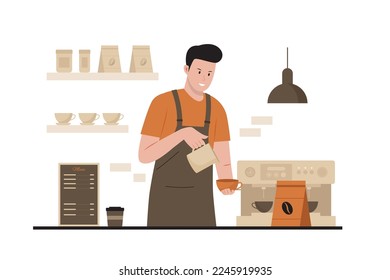 Vector illustration of barista making coffee. Illustration for website, landing page, mobile app, poster and banner. Trendy flat vector illustration