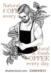 Ilustración vectorial de un barista haciendo café sobre el fondo de un árbol de café en estilo de grabado