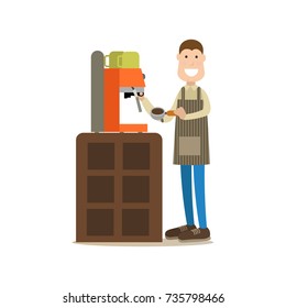 Vector illustration of barista making coffee. Coffee house people flat style design element, icon isolated on white background.