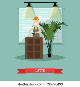 Vector illustration of barista making coffee drink with espresso and steamed milk. Coffee house interior. Latte concept flat style design element.