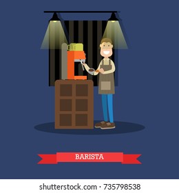 Vector illustration of barista making coffee. Coffee house interior with coffee making equipment. Flat style design.