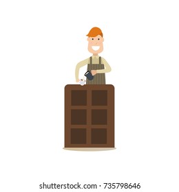 Vector illustration of barista making latte. Coffee house people flat style design element, icon isolated on white background.