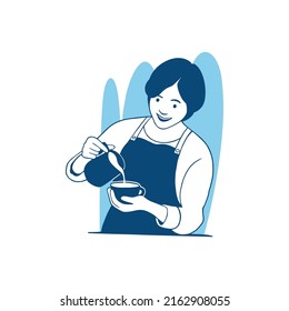 vector illustration barista woman adds milk to cup coffee working in Coffee shop