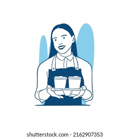 vector illustration barista woman  holding coffee for clients
