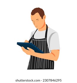 vector illustration of a barista working in a coffee shop, taking notes on a clipboard