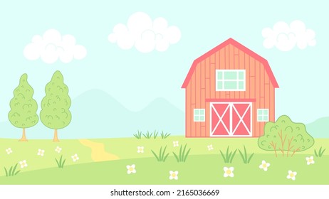 Vector illustration of barn in farm. Vector illustration farm landscape for children book. Summer landscape.