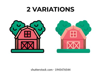 Icono vectorial del granero. granja con dos árboles detrás. usar dos variaciones de color plano y lineal