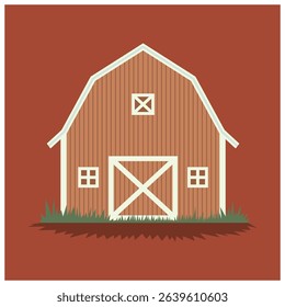 A vector illustration of a barn set against a red background