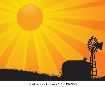 A vector illustration of a barn and windmill of a farm in silhouette against a rising or setting bright orange sun