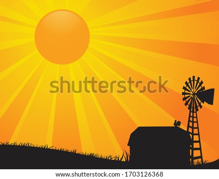 A vector illustration of a barn and windmill of a farm in silhouette against a rising or setting bright orange sun