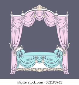 Vector illustration of baroque bed with baldachin  made in hand drawn sketch style. Beautiful furniture design. Template for business car, poster, banner, print, placard.