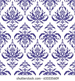 Vector illustration. Baroque vintage damask seamless pattern in blue colors. Luxury classic ornament, royal victorian texture for wallpapers, print, textile or fabric.