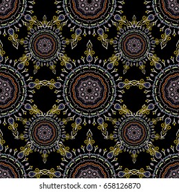 Vector illustration. Baroque vintage damask seamless pattern in blue and yellow colors. Luxury classic ornament, royal victorian texture for wallpapers, print, textile or fabric.