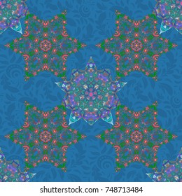 Vector illustration. Baroque vintage damask seamless pattern in violet, green and pink colors. Luxury classic ornament, royal victorian texture for wallpapers, print, textile or fabric.