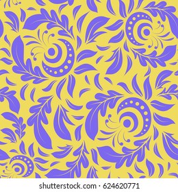 Vector illustration. Baroque vintage doodle damask seamless pattern in yellow and violet colors. Luxury classic ornament, royal victorian texture for wallpapers, print, textile or fabric.
