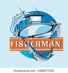 Vector Illustration of Barracuda Fish with Boat and Waves with Vintage Illustration Available for Fishing Badge