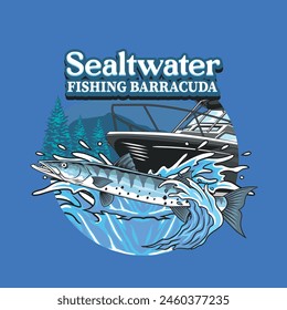 Vector Illustration of Barracuda Fish with Boat and Waves with Vintage Illustration Available for Fishing Badge