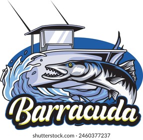 Vector Illustration of Barracuda Fish with Boat and Waves with Vintage Illustration Available for Fishing Badge