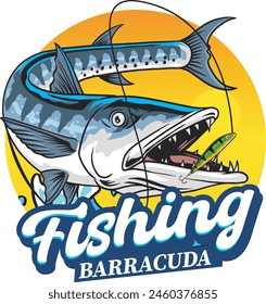 Vector Illustration of Barracuda Fish with Fishing Bait and Waves with Vintage Illustration Available for Fishing Badge