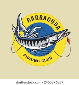 Vector Illustration of Barracuda Fish with Fishing Bait and Waves with Vintage Illustration Available for Fishing Badge