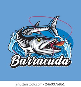 Vector Illustration of Barracuda Fish with Fishing Bait and Waves with Vintage Illustration Available for Fishing Badge