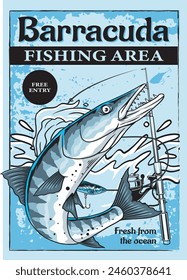 Vector Illustration of Barracuda Fish with Fishing Rod and Waves with Vintage Illustration Available for Poster