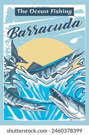 Vector Illustration of Barracuda Fish in The Sea with Vintage Illustration Available for Poster