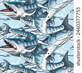 Vector Illustration of Barracuda Fish and Waves with Vintage Illustration Available for Pattern
