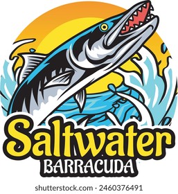 Vector Illustration of Barracuda Fish and Waves with Vintage Illustration Available for Fishing Badge