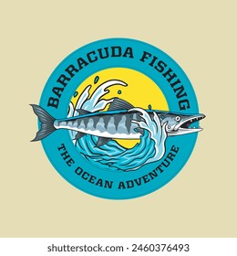 Ilustración vectorial de los peces y las olas de Barracuda con la ilustración de Antiguas disponible para la insignia de pesca