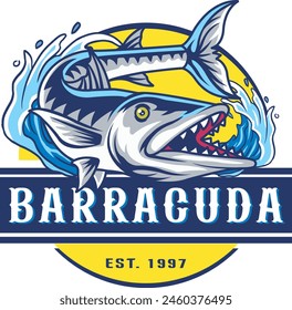 Vector Illustration of Barracuda Fish and Waves with Vintage Illustration Available for Fishing Badge