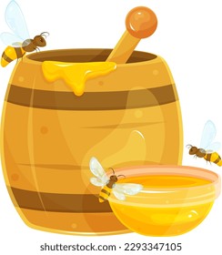 ilustración vectorial de un barril con miel, abejas sentadas en un barril de madera con miel, un platillo con miel, volando alrededor