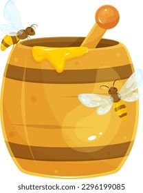 vector illustration of a barrel of honey, bees sitting on a wooden barrel of honey, flying around