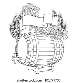Vector illustration of a barrel, mug, wheat, hops.