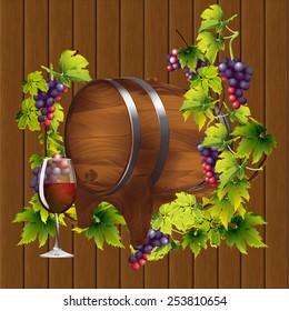 vector Illustration barrel of wine on the background of the vine
