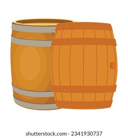 Vector illustration of barrels alcohol. Front, side and top view of wooden barrels with rum bar containers faucet hoop decent cartoon flat illustration style. Winery process tool