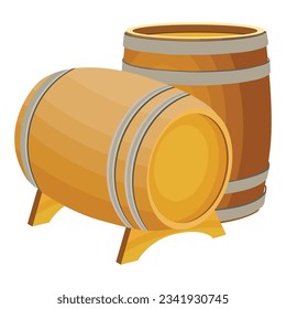 Vector illustration of barrels alcohol. Front, side and top view of wooden barrels with rum bar containers faucet hoop decent cartoon flat illustration style. Winery process tool