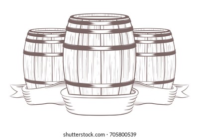 Vector Illustration of barrels with label in vintage, graphic style. Barrels on a white background.