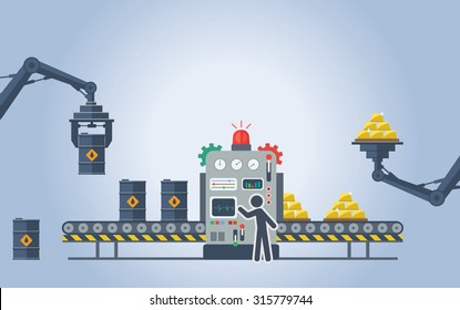 Ilustração vetorial. Os barris com óleo passam pela máquina que os transforma em barras de ouro.