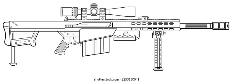 Ilustración vectorial del fusil antimaterial semiautomático Barret M82 con alcance y cañón corto sobre el fondo blanco. Del lado derecho.