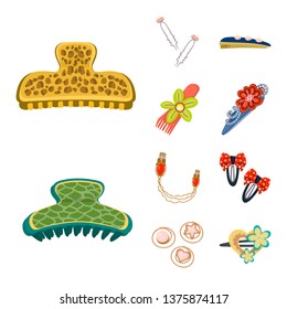 Vector illustration of barrette and hair sign. Set of barrette and accessories vector icon for stock.