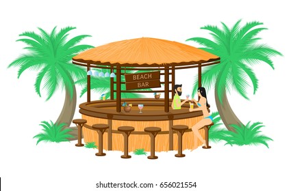 Vector illustration of the bartender offering a cocktail to a female client in the beach bar isolated on a white background.