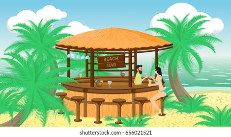 Vector illustration. Bartender offers a drink to a female client in the beach bar on the seaside.