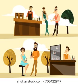 Vector illustration of bartender at workplace and people drinking beer at outside bar, pub, cafe or restaurant. Beer party cartoon characters flat style design elements, icons.