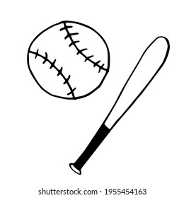 Vector illustration of a baseball ball and a baseball bat on a white background.  